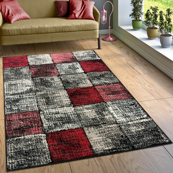 Paco Home Modern Designer Area Rug Checkered with Contour Cut grey-red 2' x  3'7 2' x 3' Indoor Silver 
